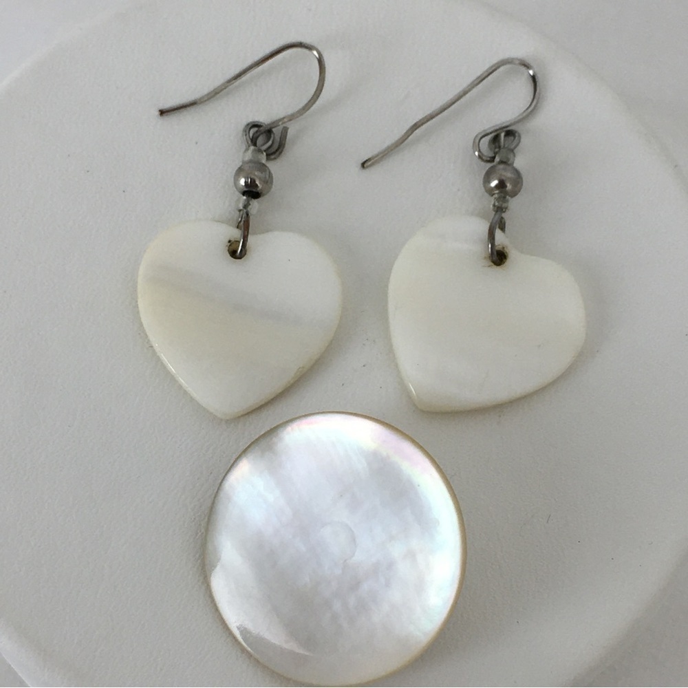 Vintage Mother of Pearl Heart Earrings and Circle Brooch Old Estate Jewelry Lot